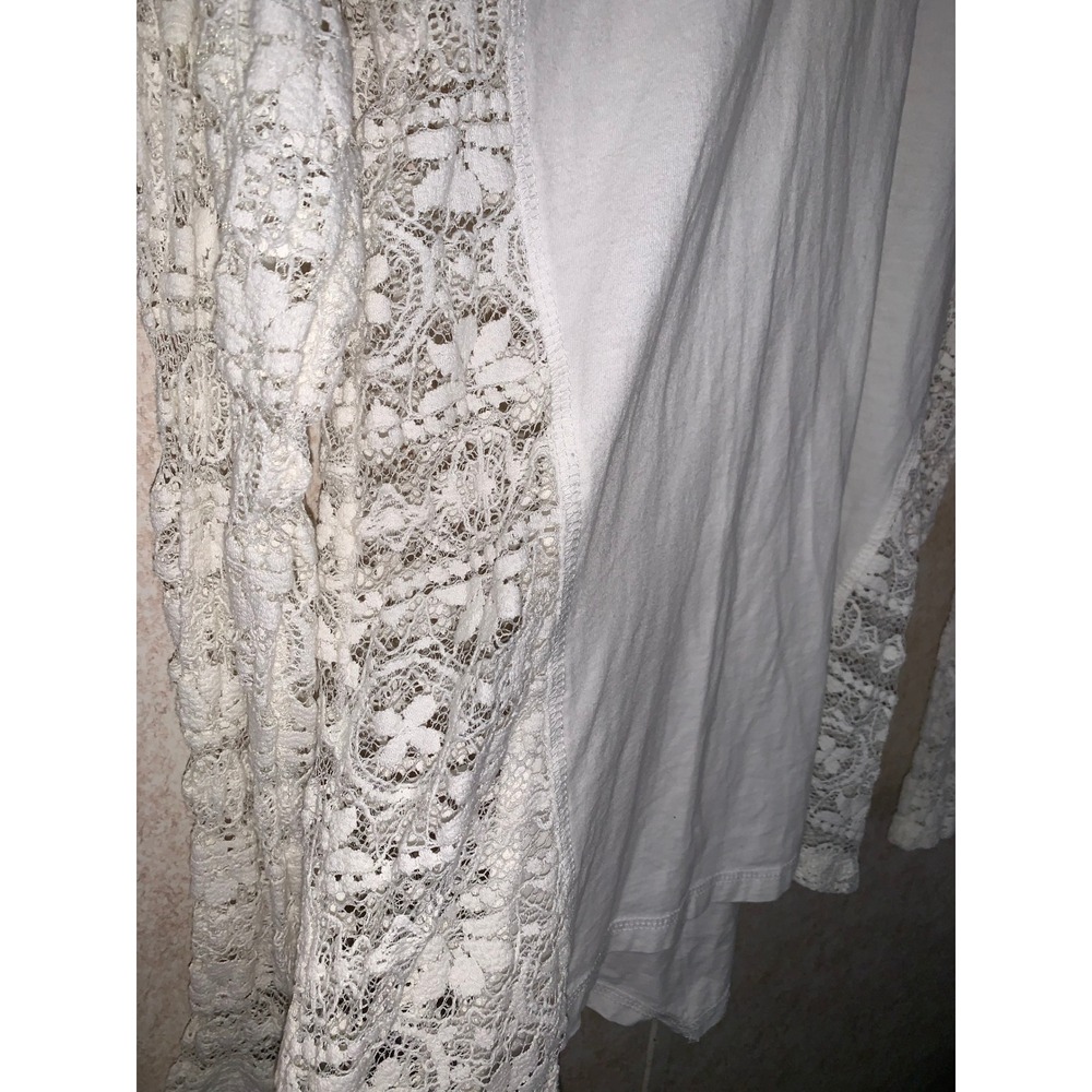 White Floral Lace Long Sleeve Top Mixed Media Scoop Neck High-Low Hem Womens M - Picture 4 of 12